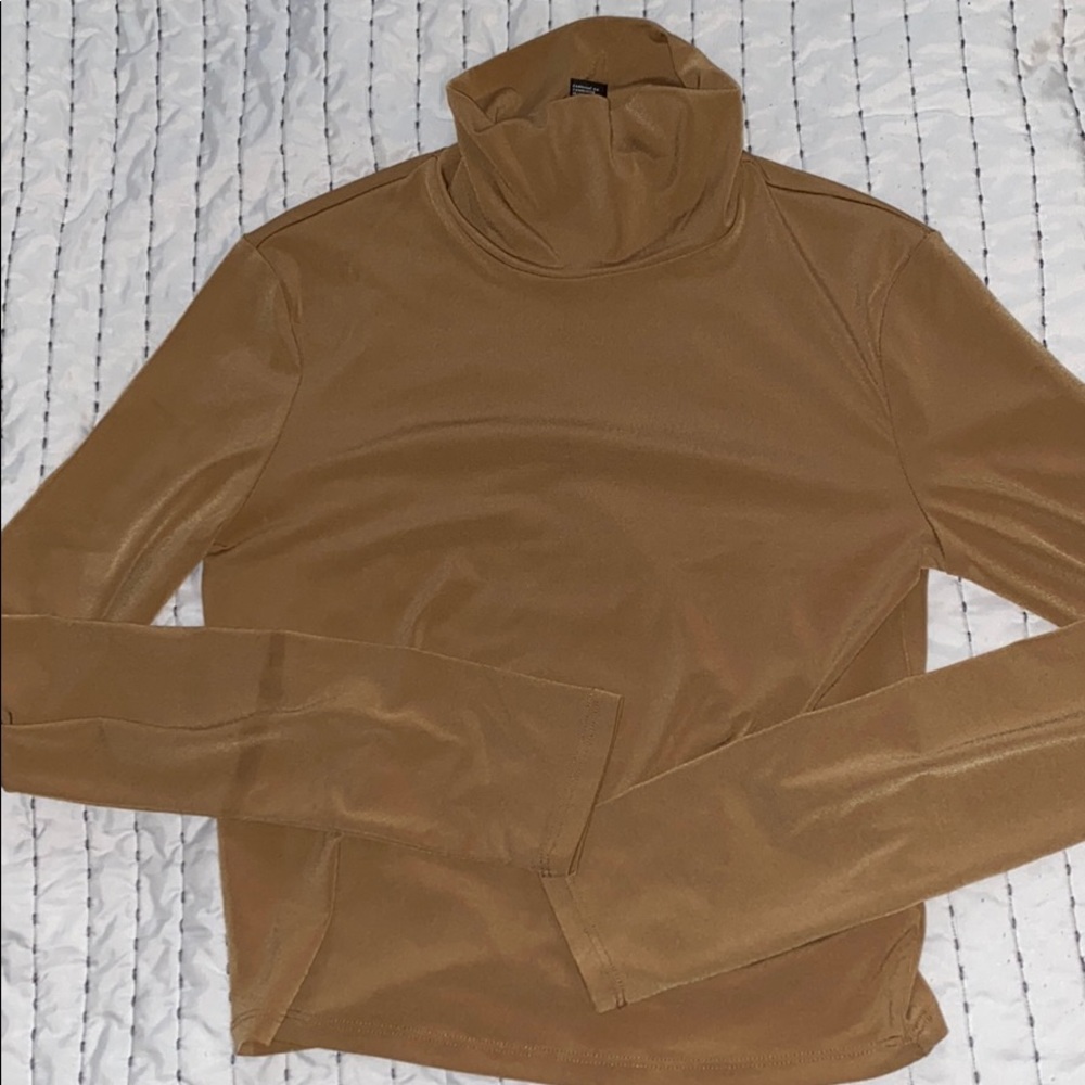 Camel colored long sleeve, cropped turtle neck